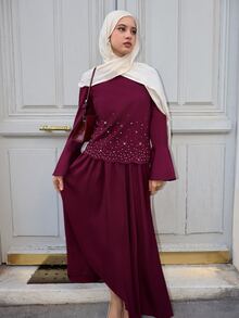 Graceveil Spring/Autumn Burgundy Heavy Beaded & Rhinestone Embellished Flared Sleeve Round Neck Top & Full Skirt Elegant Women's 2 Pieces Set For Party - Burgundy - View 5