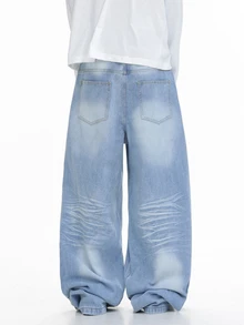 QuarKem American Washed Spray Distressed 3D Crinkled Cat Whisker Design Men's Loose Casual Versatile Denim Jeans - Blue - View 8