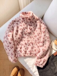 SHEIN 少女針織蝴蝶結毛絨立領半拉鍊拼接寬鬆休閒長袖秋冬衛衣 - 粉色 - 查看 1