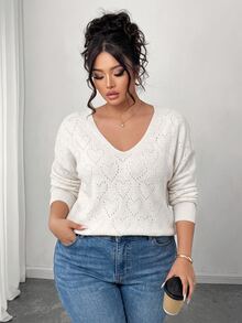 Elenzga Plus Size Women's Casual Loose Hollow Out Round Neck Plus Size Pullover Sweater, Suitable For Daily Wear, Spring/Autumn Fall Winter Cloth For Women - White - View 6