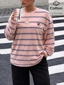 Muchica 大尺碼女款字母條紋印花圓領落肩長袖休閒T恤 秋季 - 粉色 - 查看 3