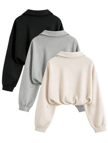 QUELARIE Women's Solid Color Casual Versatile Daily Wear Long Sleeve Sweatshirts 3pcs/Set - Multicolor - View 2