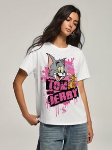 TOM & JERRY X SHEIN Áo thun nữ tay ngắn in chữ và hoạt hình phong cách thường ngày thoải mái - trắng - Xem 8