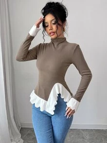 Elenzga 女款對比飾邊不對稱下擺高領T恤，秋冬女裝，聖誕 - 彩色 - 查看 5