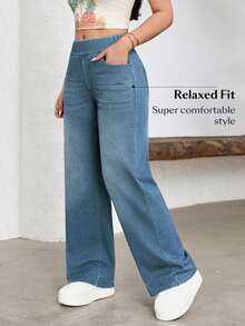 SHEIN Essnce Plus Size Women's All Season Stretch Casual Simple Knit Denim Jeans Vacation Light Blue Summer Dates Brunch - Light Wash - View 4