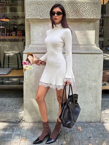Aloruh 女款優雅高領深棕色蕾絲拼接短款針織洋裝，冬季女裝，秋季洋裝，冬季女款毛衣 - 杏色 - 查看 6