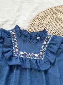 SHEIN Christmas Party Dress Tween Girls' Brown Gentle Style Minimalist Floral Print Long Sleeve Pullover - Blue - View 5
