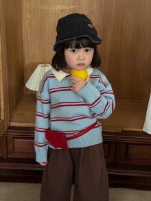 DAZY Sweater Lengan Panjang Gaya Korea Bergaris Kasual Warna Kontras untuk Bayi/Balita (Perempuan) - Baby Blue - View 5