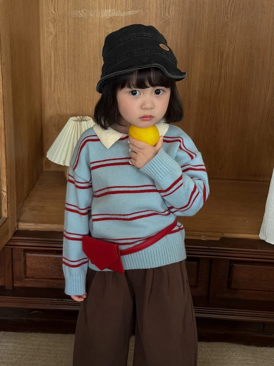 DAZY Infant/Toddler (Girl) Contrast Color Casual Striped Korean Style Long Sleeve Sweater - Baby Blue - View 1