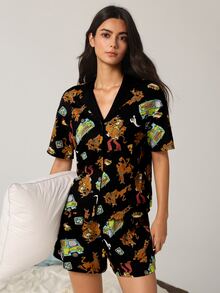SCOOBY-DOO X SHEIN Women's V-Neck Short Sleeve Single-Breasted Top And Shorts Pajama Set - Black - View 6
