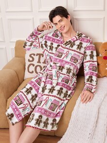 CoupledUp Men's Christmas Pattern Printed Hooded Loungewear Robe - Multicolor - View 5