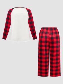 Chillnights Cute Christmas Reindeer Plaid Snowflake Print Raglan Sleeve Loose Plus Size Pajama Set - Multicolor - View 2