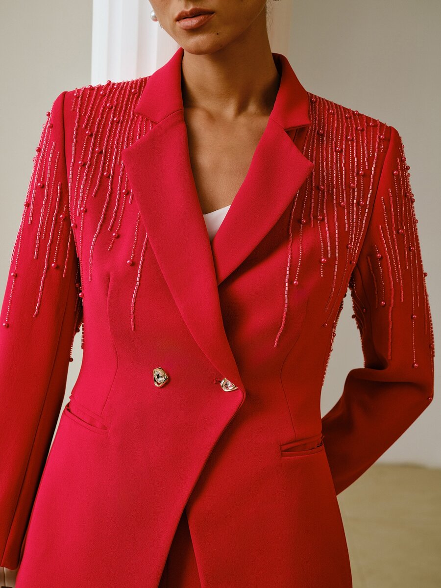 ZEYLAH Women's Elegant Beaded Button Blazer Jacket For Office - Red - View 1