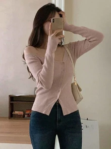 DAZY 女款春秋休閒純色斜肩開襟衫長袖上衣，秋季女裝 - 粉色 - 查看 3