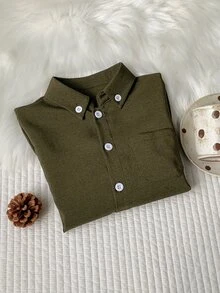 SHEIN 男童橄欖綠工裝襯衫，時尚開襟多功能實用上衣，長袖休閒全開扣單口袋襯衫，輕量純色短袖領襯衫，時尚夏季日常穿搭，春秋男童服飾，適合生日派對、旅行、聚會 - 橄欖綠 - 查看 4