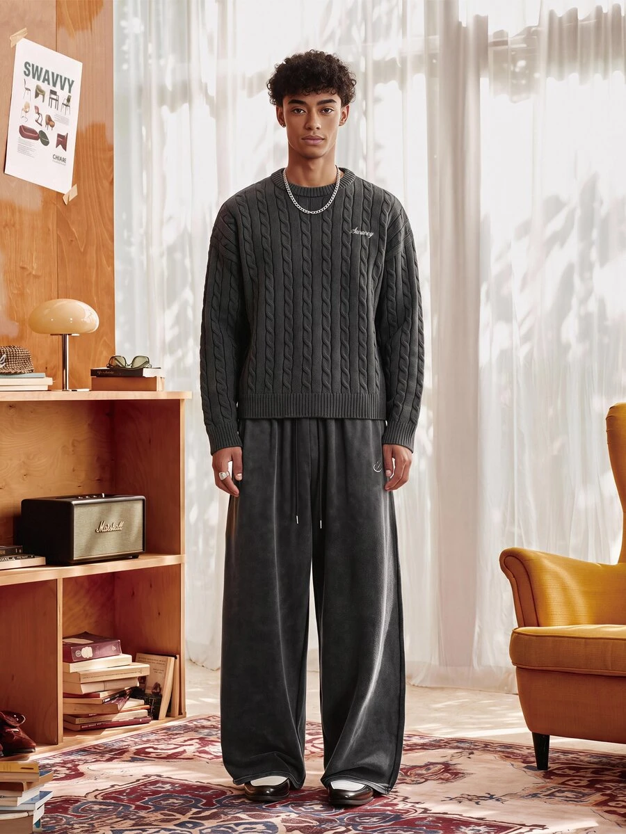 SWAVVY Fashionable Men's Embroidered Cable Knit Long Sleeve Comfortable Sweater - Dark Grey - View 1