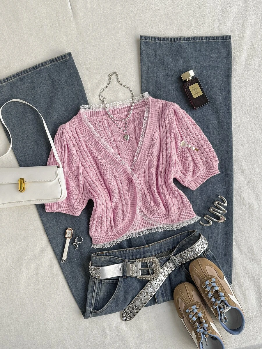 Elamini Minimalist Sexy Sweet Girl Lace Trim Puff Sleeve Cropped Cable Knit Cardigan, Single Button V-Neck Short Outerwear Vest - Pink - View 1