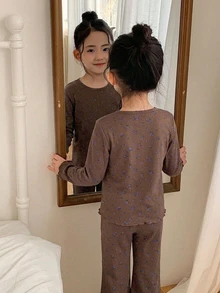 Dazy Kids 少女提花上衣與喇叭褲家居服套裝 秋季 - 棕色 - 查看 2