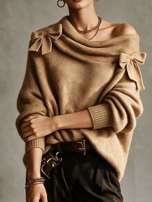 LUMIGAL Women's Asymmetric Shoulder 3D Bow Decor Long Sleeve Sweater Thanksgiving Dinner Everyday Camel Cute Elegant - Camel - View 3