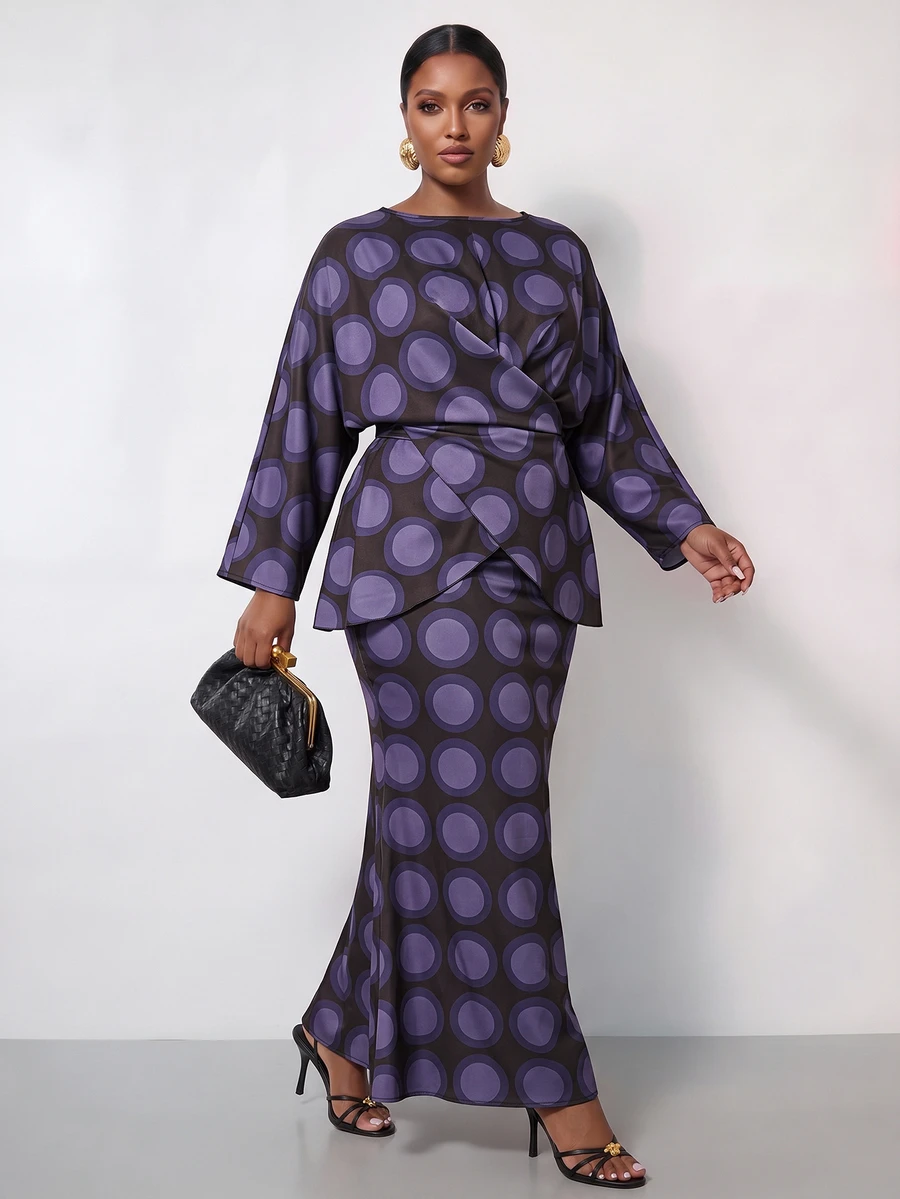Zivah Plus Size Women's Geometric Pattern Long Sleeve Top And Skirt Casual 2 Pieces Set - Purple - View 1