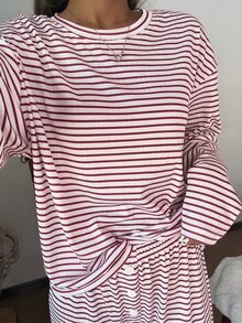 SHEIN Women's Casual Striped Print Round Neck Loose Long Sleeve Long Pants Pajama Set - Burgundy - View 3