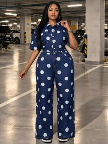 Slaydiva Festival Plus Size Women's Blue Non-Stretch Polka Dot Print Loose Short Sleeve Jumpsuit - Light Wash - View 3