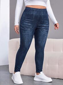 SHEIN CURVE+ 大尺碼休閒口袋鈕扣做舊設計修身長褲 日常穿著 2026 秋冬 22W - 藏蓝色 - 查看 4