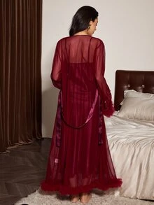 Slumberist Purple Mesh Robe With Faux Silk Long Nightgown, Lace Trim Neckline, Layered Mesh Cuffs And Hem, Mature Women's Sleepwear Set - Red Violet - View 2