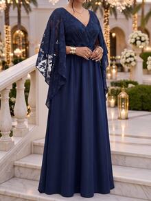 Fleurora Plus Size Women's V-Neck Pleated Casual Party & Travel Dress - Navy Blue - View 3