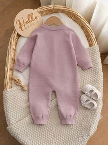 Baby Girl Sheep Pattern Raglan Long Sleeve Knit Romper - Baby Pink - View 2