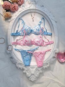 Crystal Vow Women's Floral Embroidered Mesh Fashion Lingerie Set, 4pcs - Pink - View 1