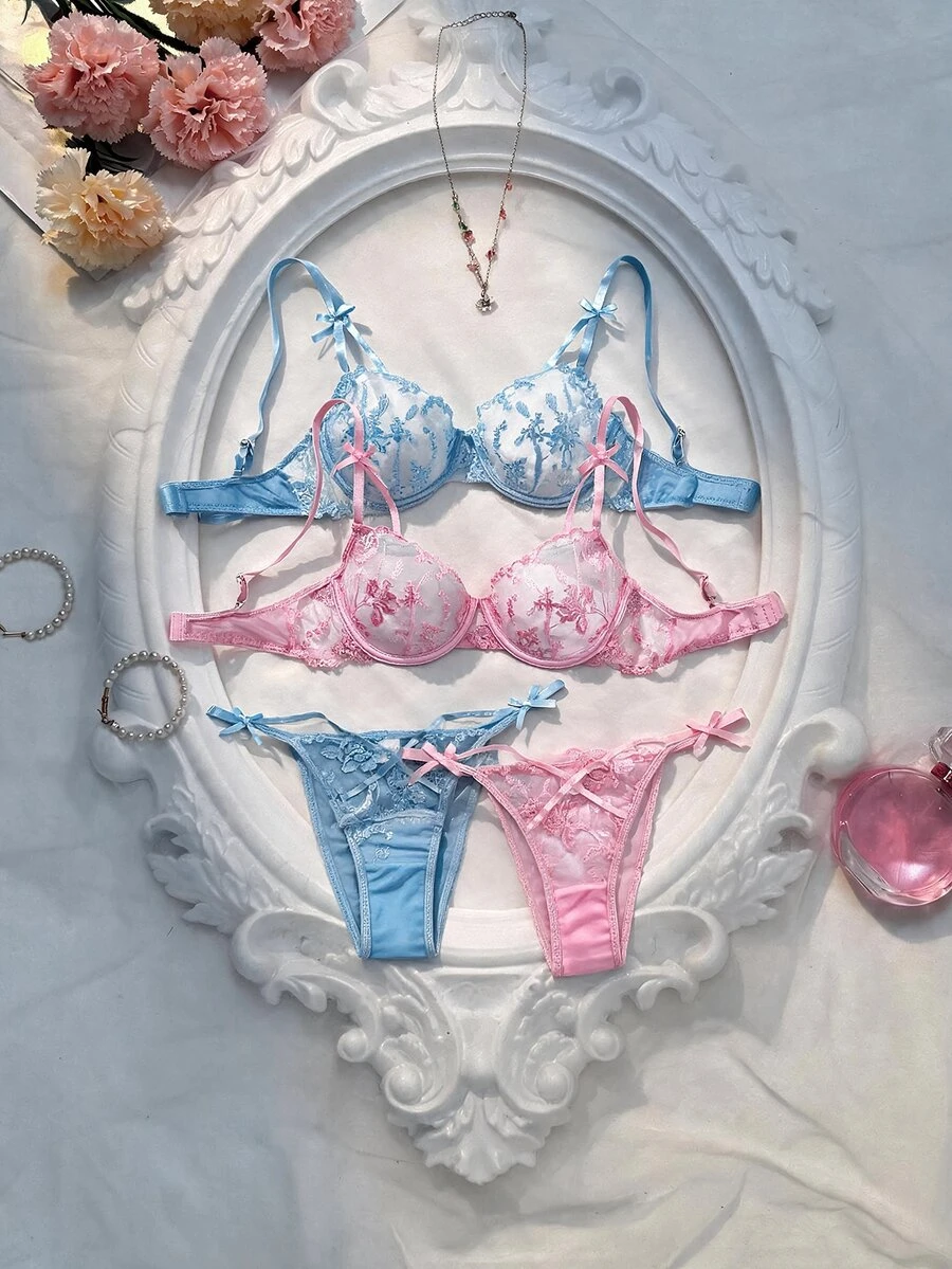 Crystal Vow Women's Floral Embroidered Mesh Fashion Lingerie Set, 4pcs - Pink - View 1