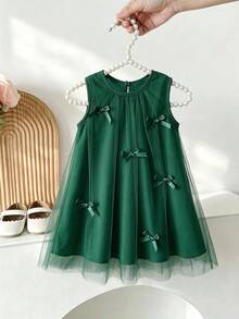 SHEIN Vintaside Kids 女嬰甜美夢幻粉色網紗洋裝，飾有可愛3D蝴蝶結裝飾，適合外出、度假與拍照拍攝 - 綠色 - 查看 1