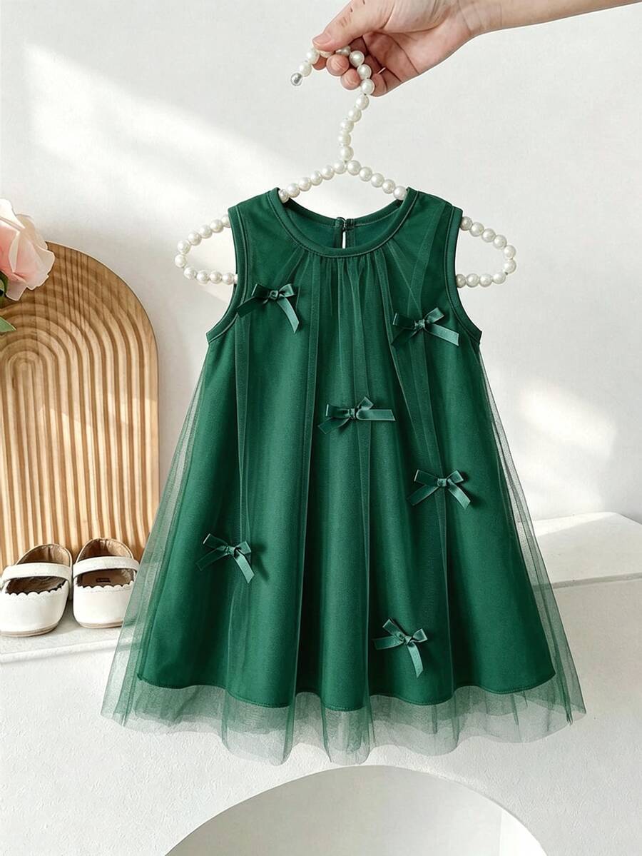 SHEIN Vintaside Kids 女嬰甜美夢幻粉色網紗洋裝,飾有可愛3D蝴蝶結裝飾,適合外出、度假與拍照拍攝 - 綠色 - 查看 1