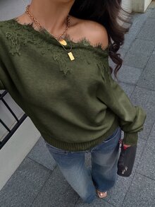 Siren Gaze Women's Off-The-Shoulder Knit Top With Lace Trim, - Army Green - View 3