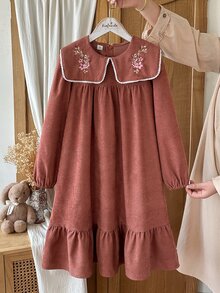 Vintaside Kids 青少年女孩紅色花卉長袖洋裝套裝 秋季風格 美式秋季風格 - 咖啡棕 - 查看 1
