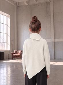 Autumn/Winter Girls' Design Pullover Sweater, Loose Fit Lapel 2 In 1 Asymmetrical Hem Grey Knit Top - White - View 2