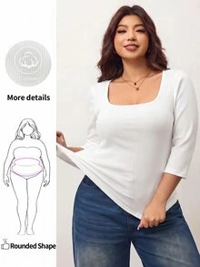 Enliva Áo thun nữ size lớn ôm dáng co giãn cao, cổ vuông, tay lỡ 3/4, chất liệu thân thiện với da, phù hợp cho mùa thu, hợp với dáng người quả táo và dáng tròn, phong cách lễ hội mùa thu - trắng - Xem 1
