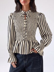 LYSMO Women's Striped Pleated Casual Versatile Daily Wear Shirt - Multicolor - View 5