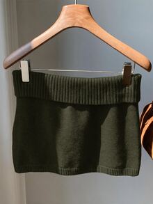 Comfortcana Women's Solid Color Knitted Ribbed Casual Versatile Sweater Skirt, Korean Style In Autumn/ Dark Brown School Travel - Army Green - View 4
