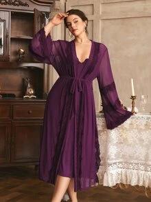 Côtesoire Plus Size Women Lace Patchwork Camisole Dress And Cardigan Casual Sleepwear Set - Purple - View 6