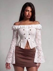 Nooralise Vintage Y2K Sporty Court Style Square Neck Ruffle Lace Fabric Metal Button Slim Fit Mermaid Hem T-Shirt - White - View 6