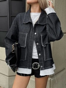 Livesso Women's Striped Casual Versatile Daily Denim Jacket Fall - Black - View 4