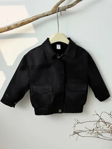 SHEIN 兒童/小男孩寬鬆PU領貼布口袋夾克，冬季職業日返校穿搭，休閒日常百搭舒適厚實編織秋季外套 - 黑色 - 查看 3