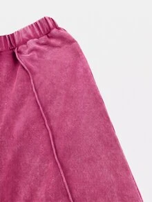 SHEIN 女童字母印花圓領短袖T恤與長褲休閒日常套裝 - 玫紅色 - 查看 4