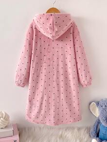 SHEIN Tween Girl 秋/冬款 灰粉色波點印花 珊瑚絨毛 舒適連帽套頭長款睡袍 居家休閒睡衣 - 藕粉色 - 查看 2