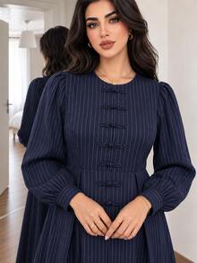Solavon Plus Size Striped Colorblock Frog Button Long Sleeve Dress - Navy Blue - View 4