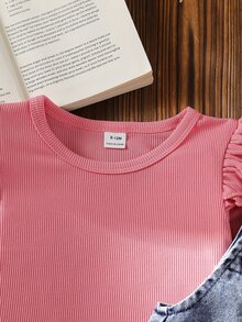 SHEIN 2pcs/Set Baby Girl 0-3 Years Spring/Autumn Rose Red Sweet Style Heart & English Embroidery Denim Jumpsuit, Solid Color Round Neck Flutter Sleeve T-Shirt, Simple Fashion, Suitable For Spring/Autumn, Perfect For Baby Daily Wear And Outings - Pink - View 8