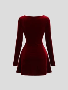 Sweetra Women's Shiny Knit Long Sleeve Dress, Hollow Design, Rhinestone Bow Detail, Front Draped Pleats, Short Black Mini Dress For Outing And Nightclub - Burgundy - View 2