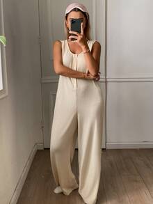 Livesso Women's Solid Color Casual Daily Wear Home Loungewear Jumpsuit - Beige - View 4